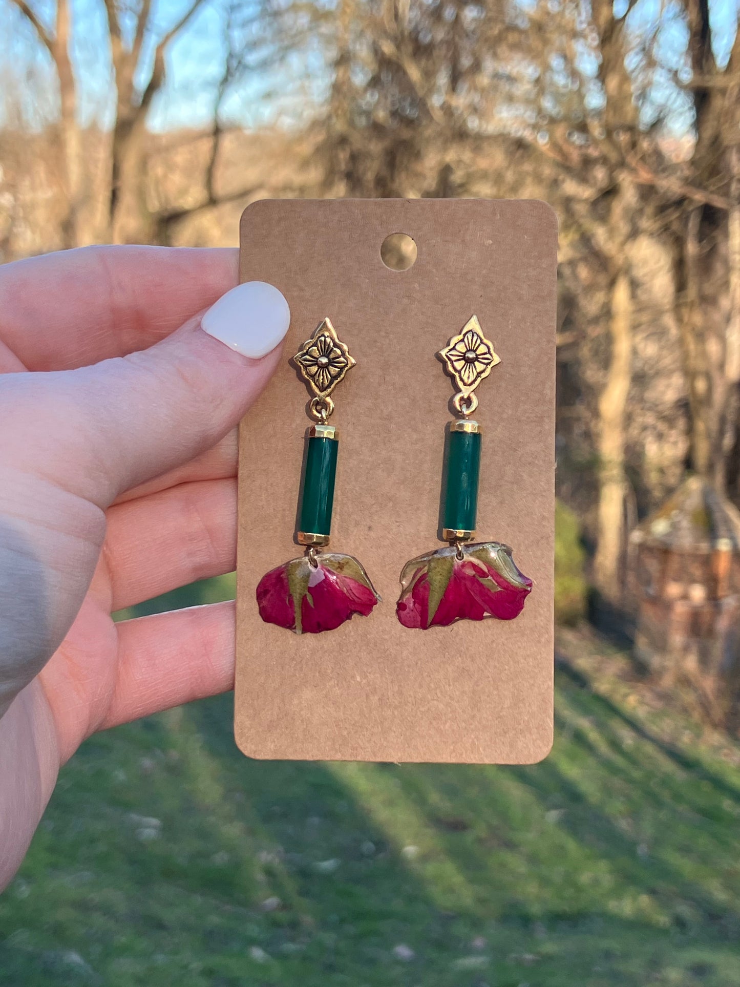 Green Onyx Rose Earrings