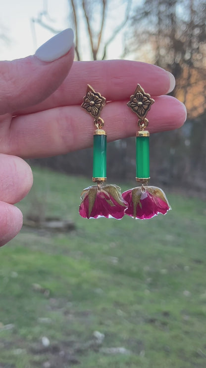 Green Onyx Rose Earrings